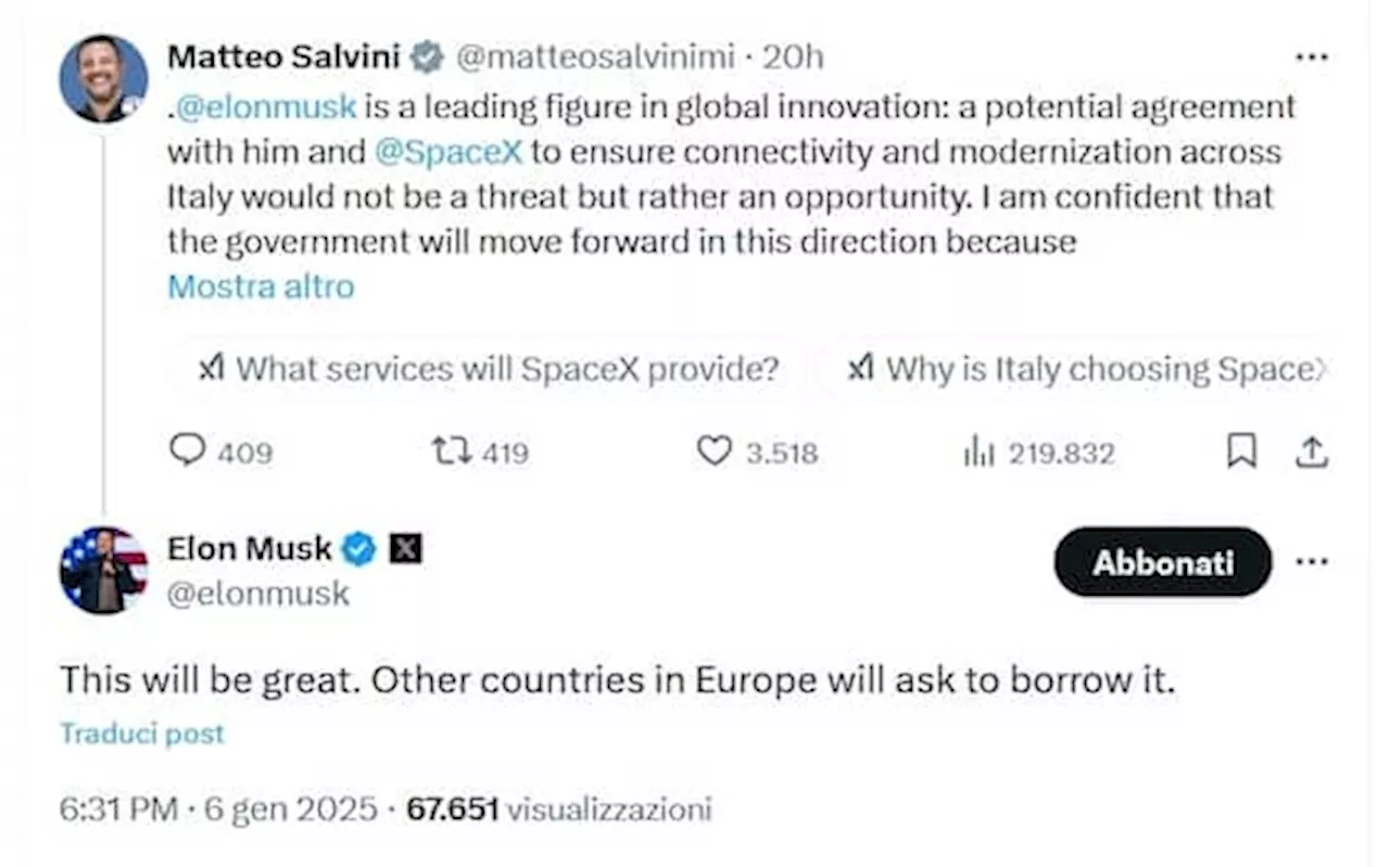 Musk risponde a Salvini: 'Un accordo Italia-Starlink sarebbe grandioso'