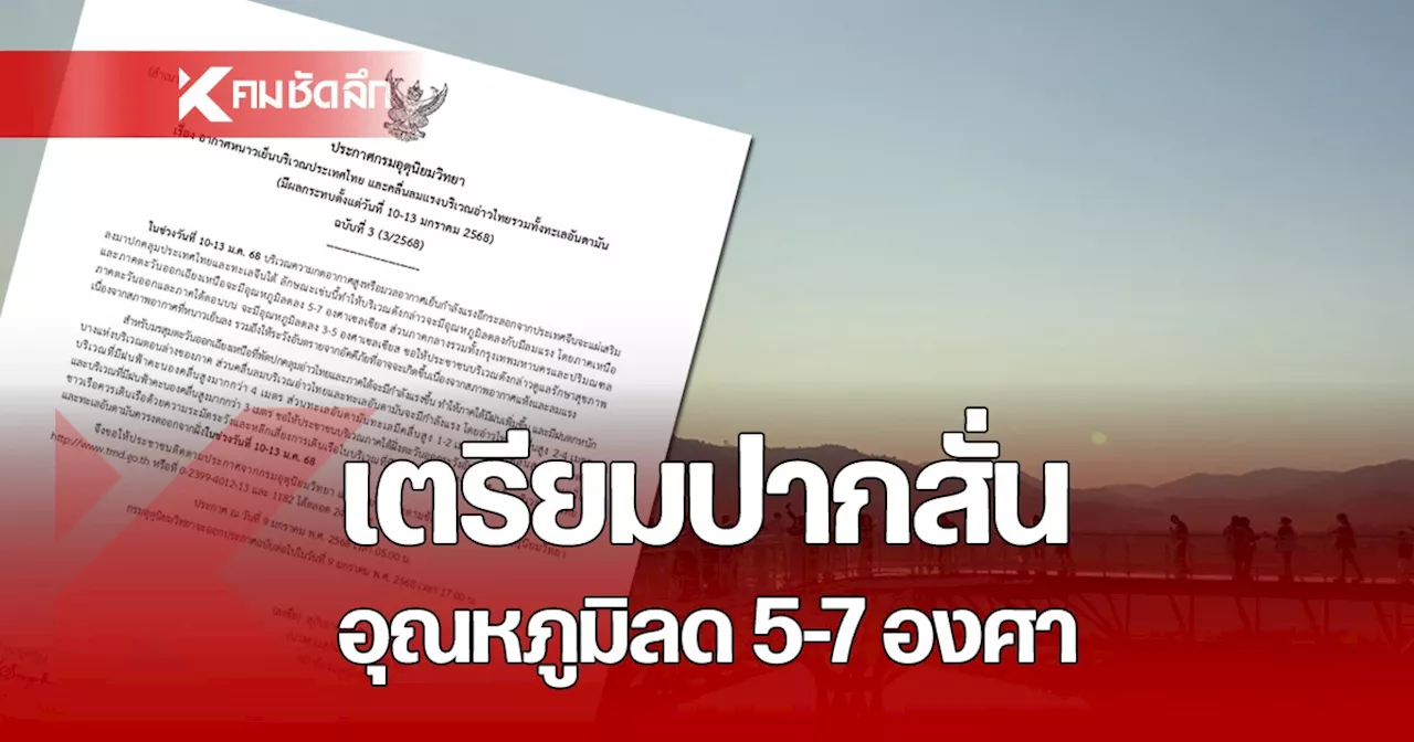 พยากรณ์อากาศวันนี้ 9 ม.ค. 2568 กรมอุตุนิยมวิทยา ออกประกาศเตือนฉบับที่ 3 อุณหภูมิลดฮวบ 5-7 องศา มีผล 10-13 ม.ค. 68