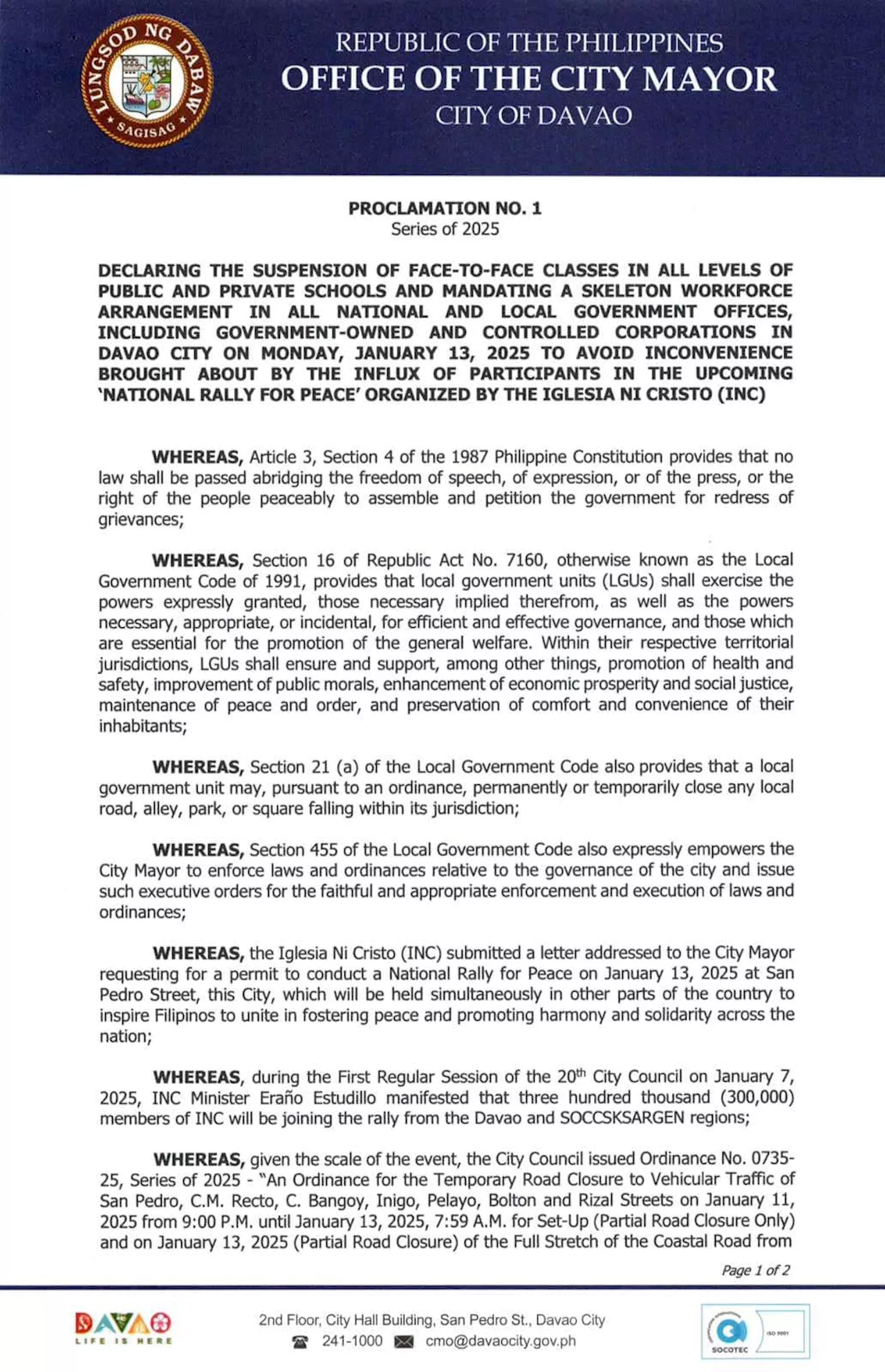 Classes suspended in Davao City on Jan. 13 due to Iglesia rally