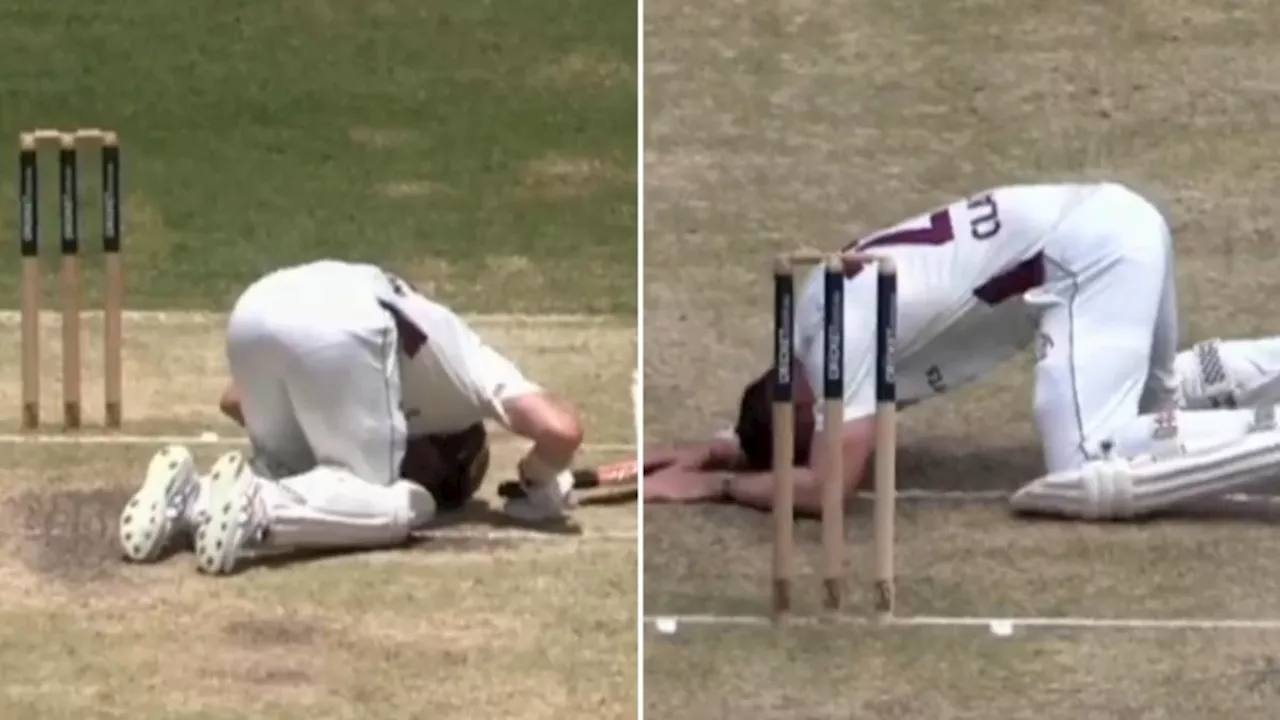 Queensland batter Jack Clayton retires hurt after being hit in groin region twice during Sheffield Shield clash