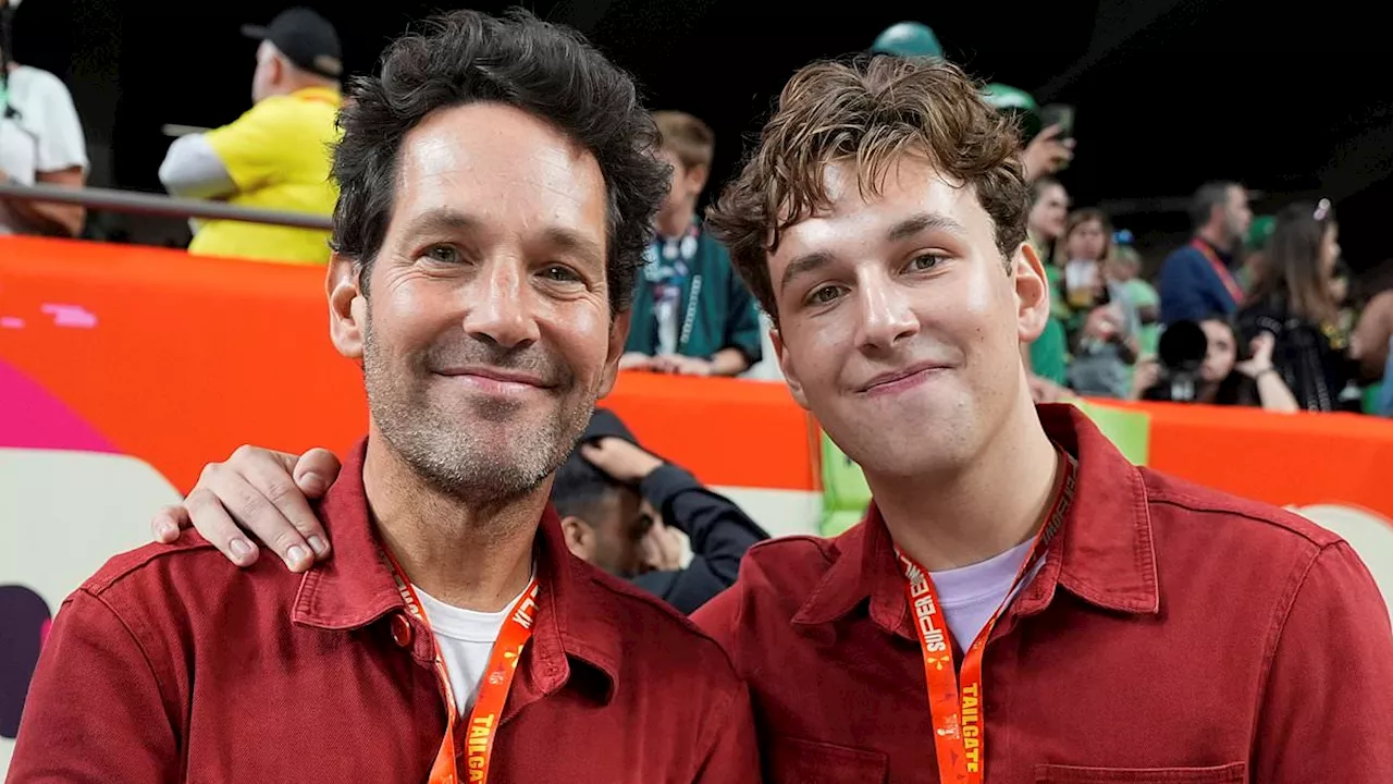 Paul Rudd looks sad next to son Jack, 18, as his beloved Kansas City Chiefs are defeated in Super...