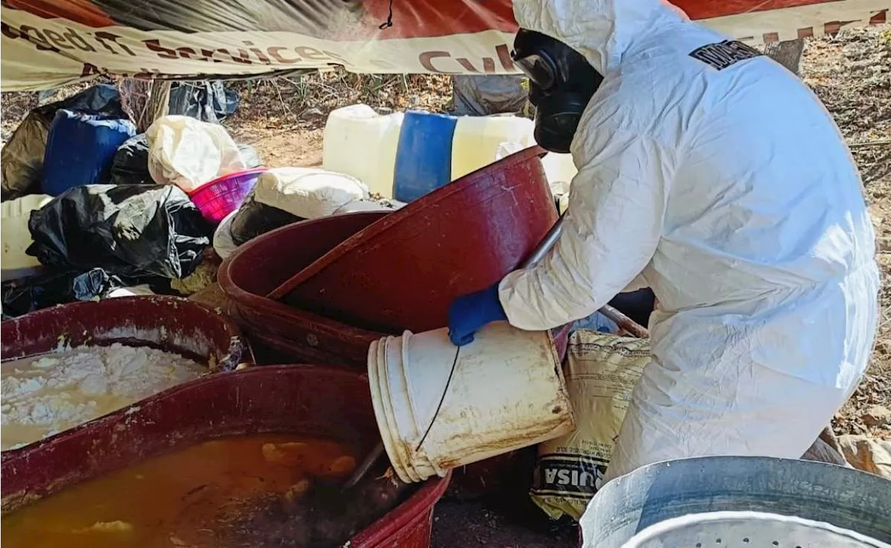 Marina localiza laboratorio clandestino para producción de metanfetaminas en Sinaloa; aseguran 850 kg de producto