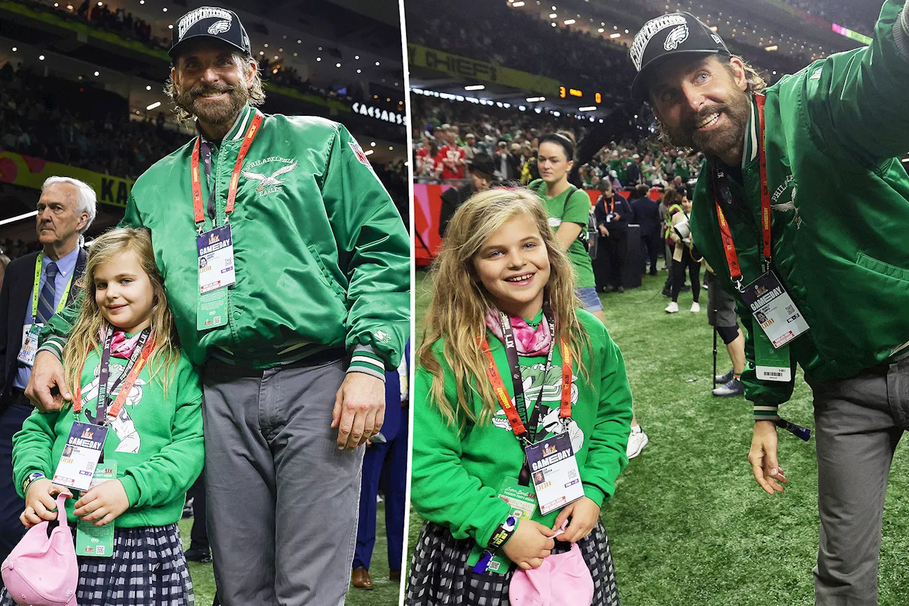 Bradley Cooper and his mini-me daughter, Lea, match in Eagles gear at Super Bowl 2025