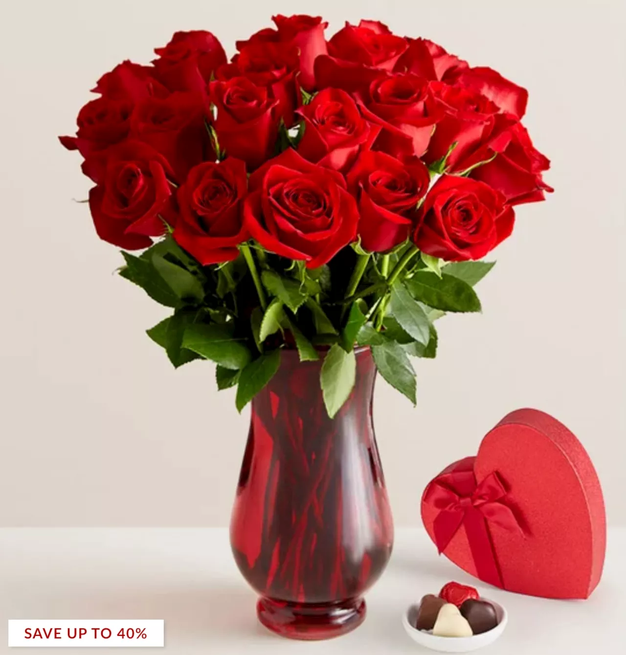 Order two dozen red roses from 1-800 Flowers for less than $45 to be delivered on Valentine’s Day