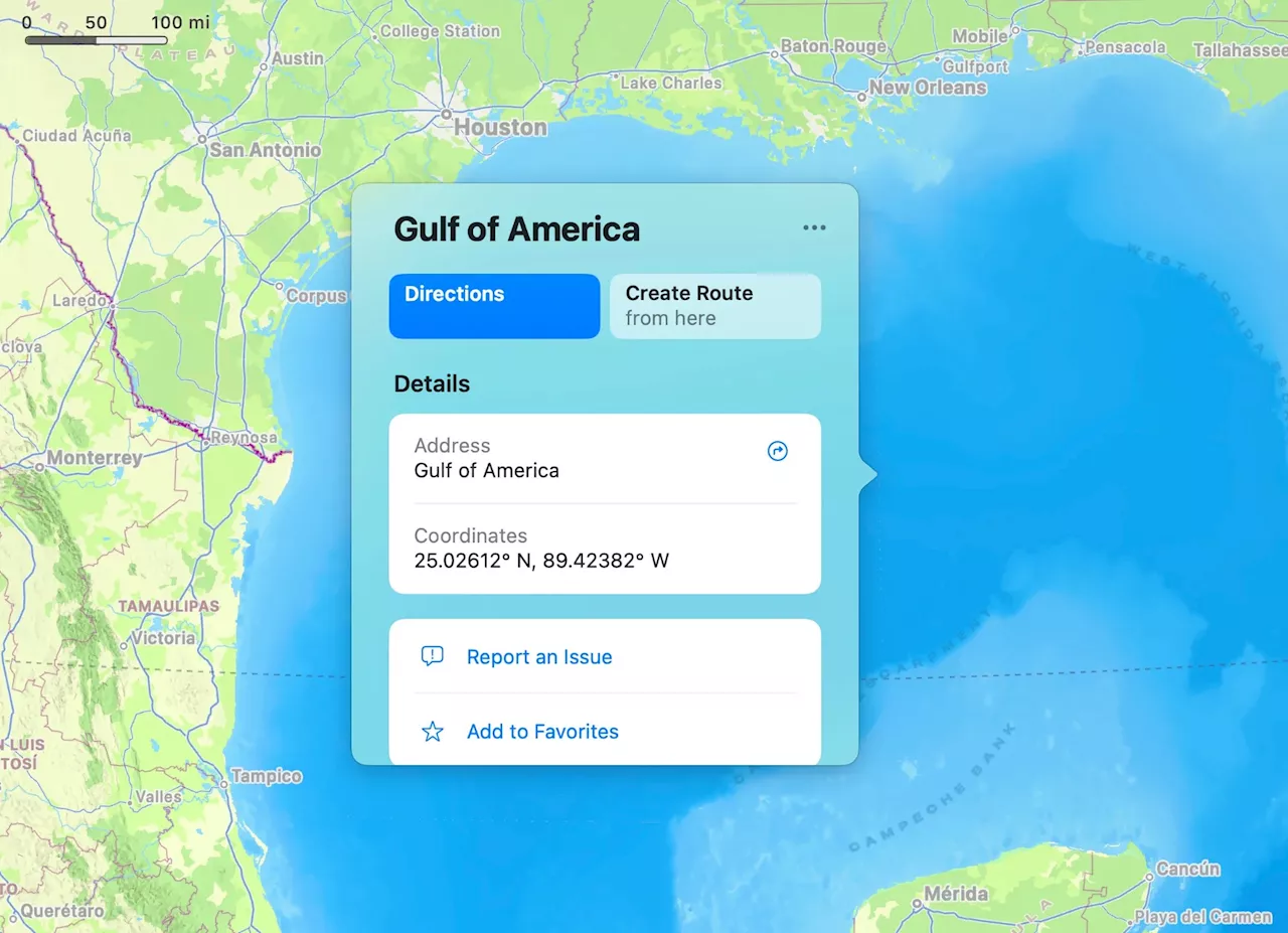 Nu har Apple Maps också bytt namn på Mexikanska Golfen. Heter nu Gulf of America för amerikanska användare.