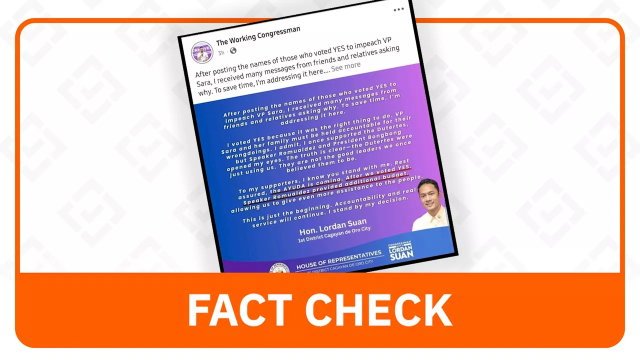 Fake News: Congressman Suan Claims Impeachment of VP Duterte Due to Additional Budget for 'Ayuda'