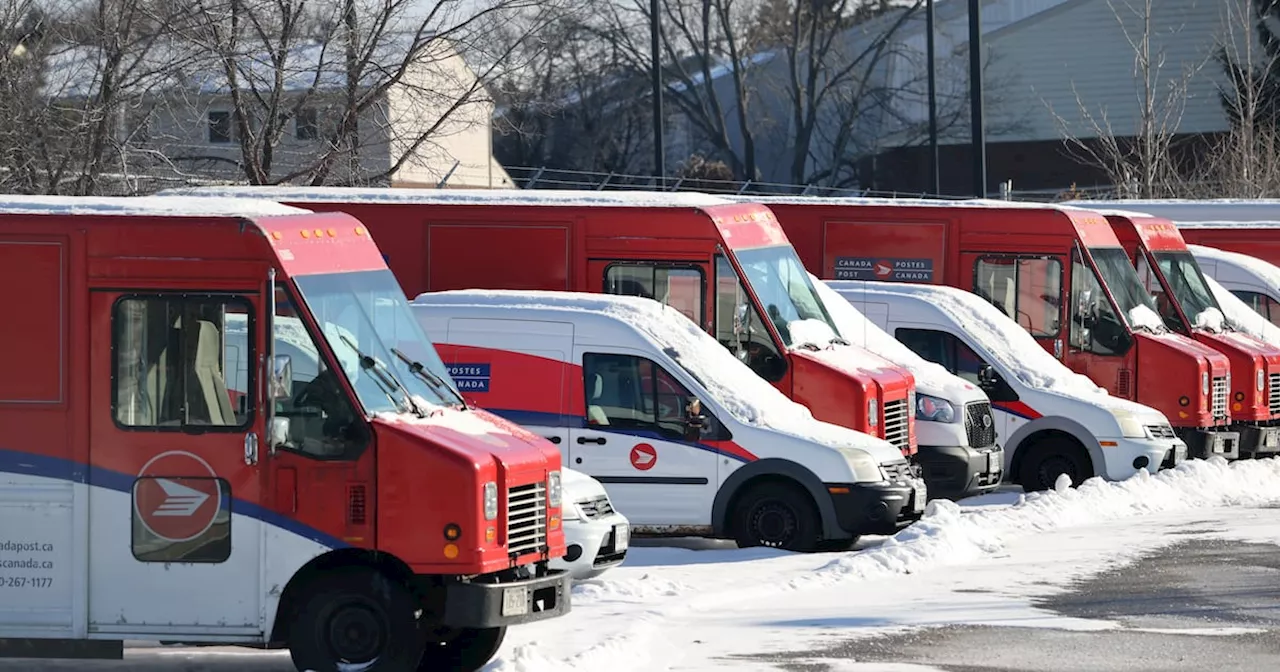 Canada Post vehicles sit covered in snow at a distribution facility in Ottawa