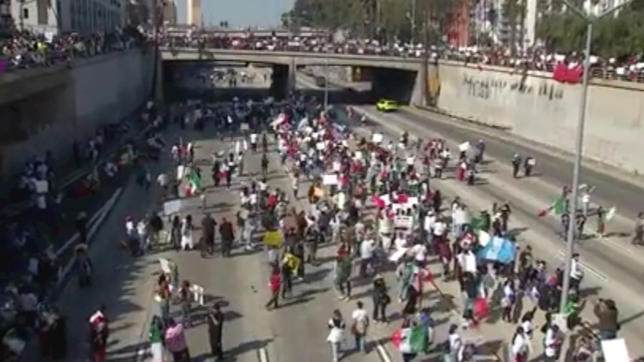 Anti-ICE protesters block 101 Freeway in downtown Los Angeles