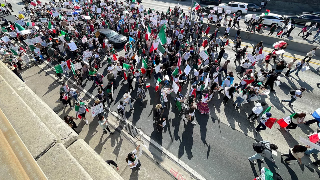 Thousands of anti-ICE protesters block 101 Freeway, streets in downtown Los Angeles