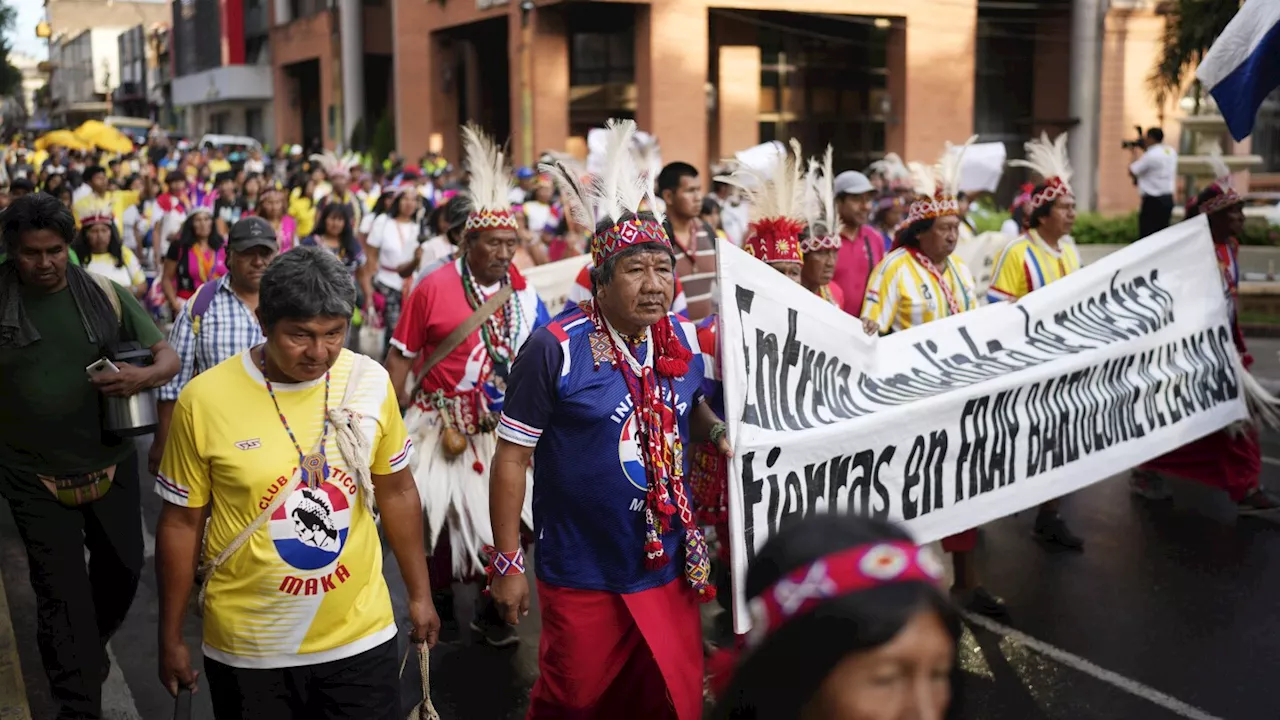 Maka Indigenous People March to Protest for Recovery of Ancestral Lands in Asuncion, Paraguay