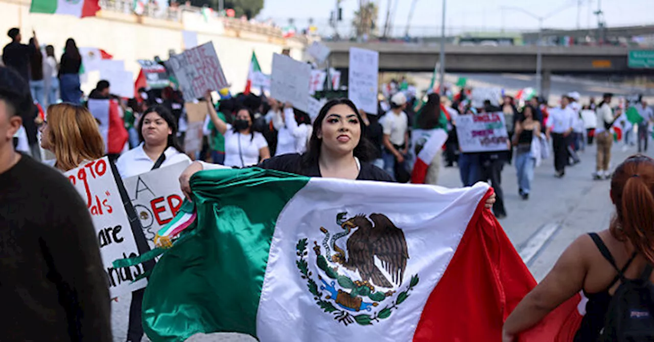 Mexican Flags Waved in Protest Against ICE Raids on 101 Freeway in Los Angeles