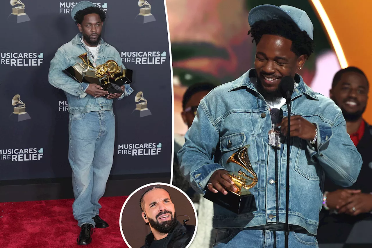 Kendrick Lamar accepts Grammy awards for Drake diss track in Canadian tuxedo: 'This is poetic'