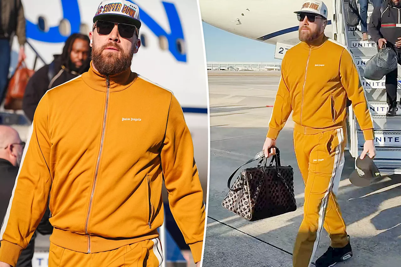 Travis Kelce arrives in New Orleans wearing four-figure gold tracksuit ahead of Super Bowl 2025