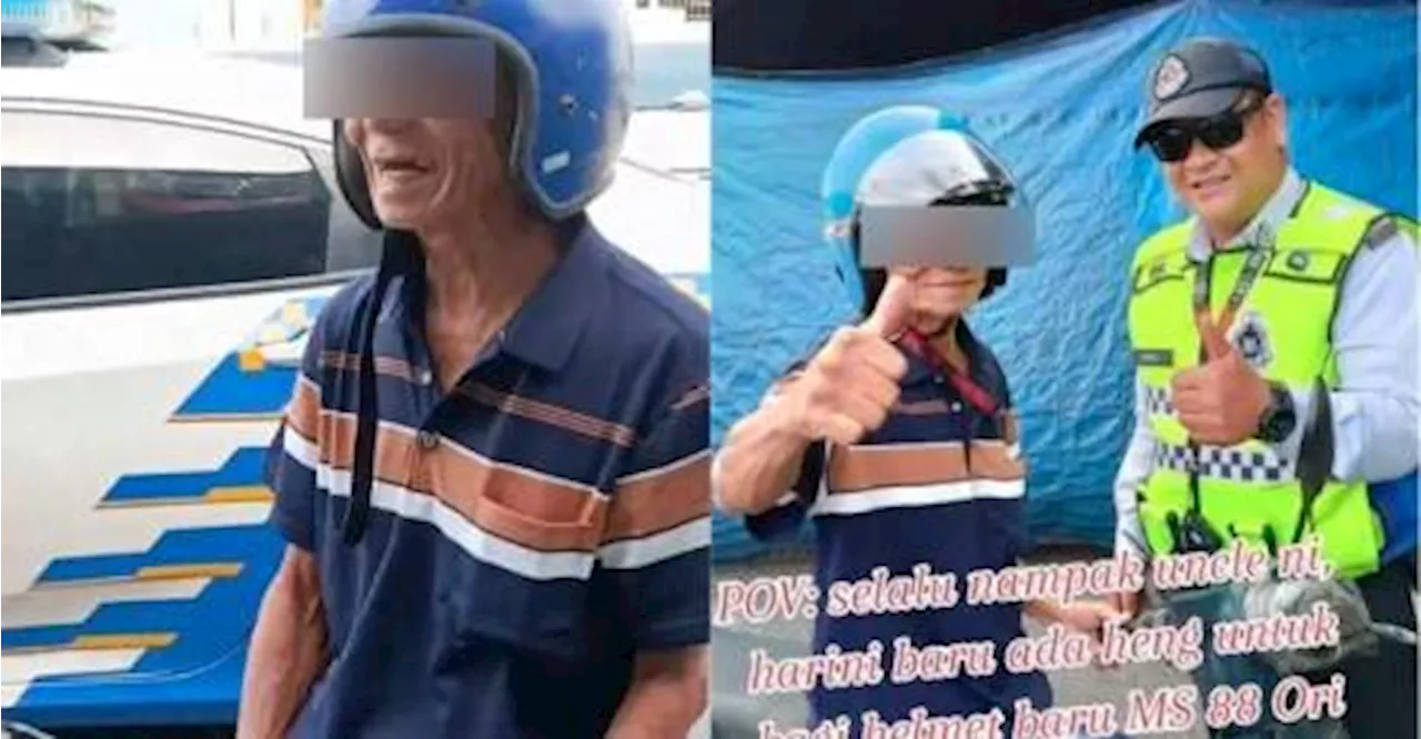 Pontian police donate new helmet to elderly motorcyclist