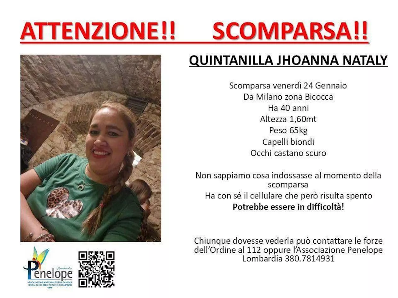 Appello per Jhoanna Nataly Quintanilla, 40 anni scomparsa a Milano