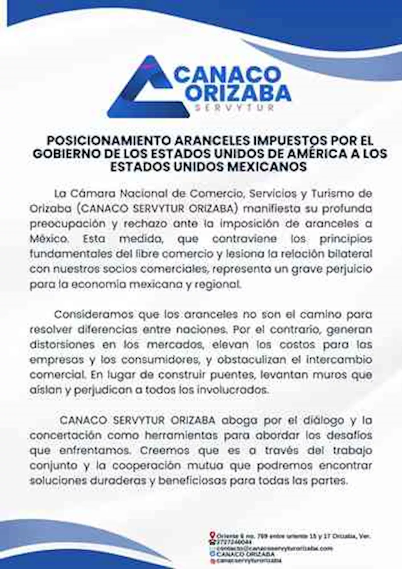 CANACO Orizaba expresa preocupación por imposición de aranceles a México