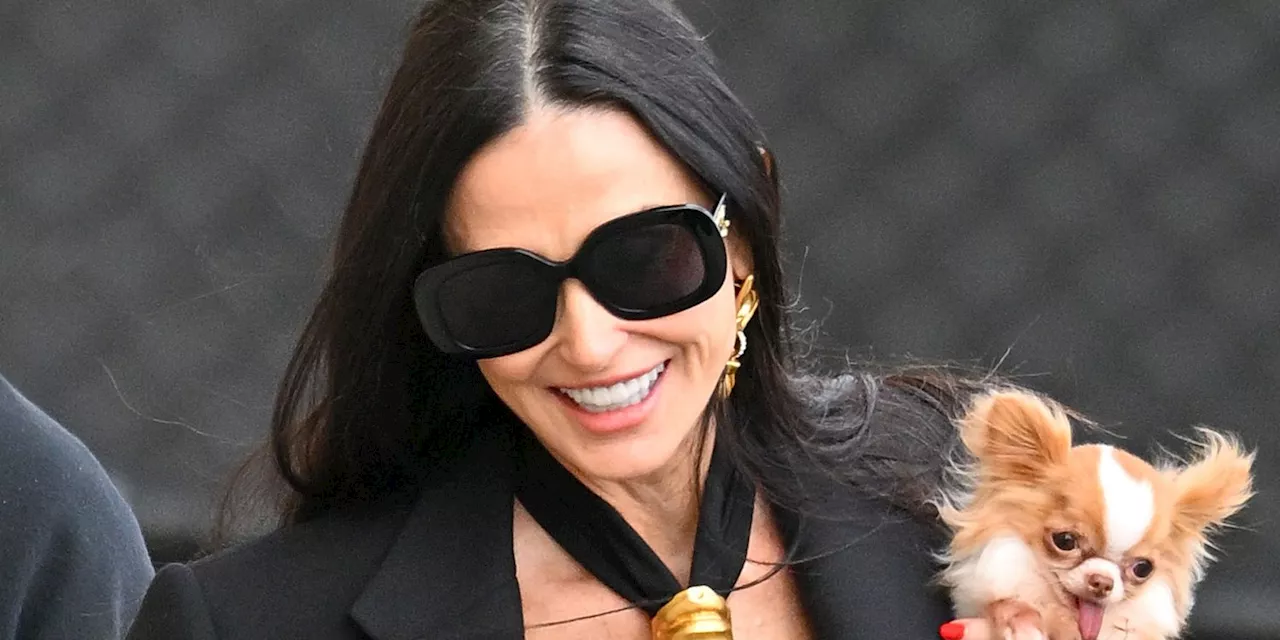 Demi Moore Accessorized Her Schiaparelli Halter-Dress With Her Tiny Dog Pilaf