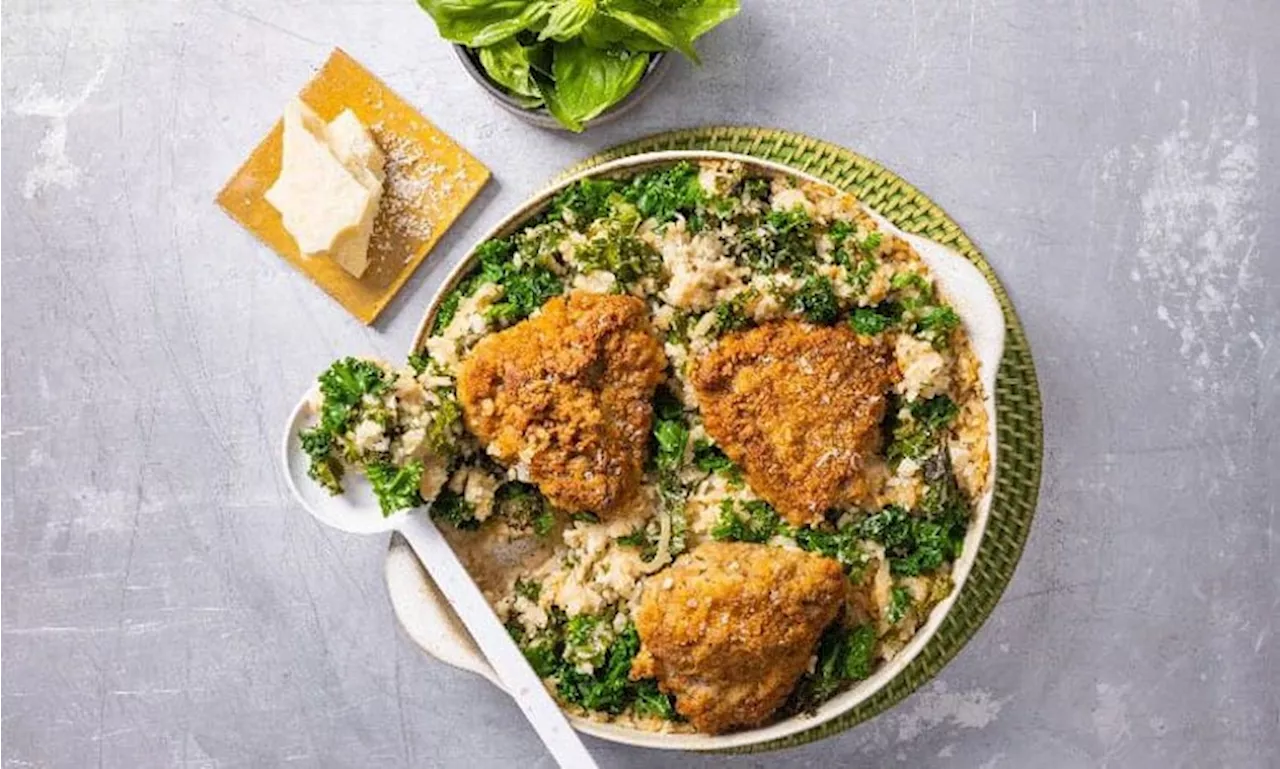 Southern-fried chicken thighs and baked green risotto