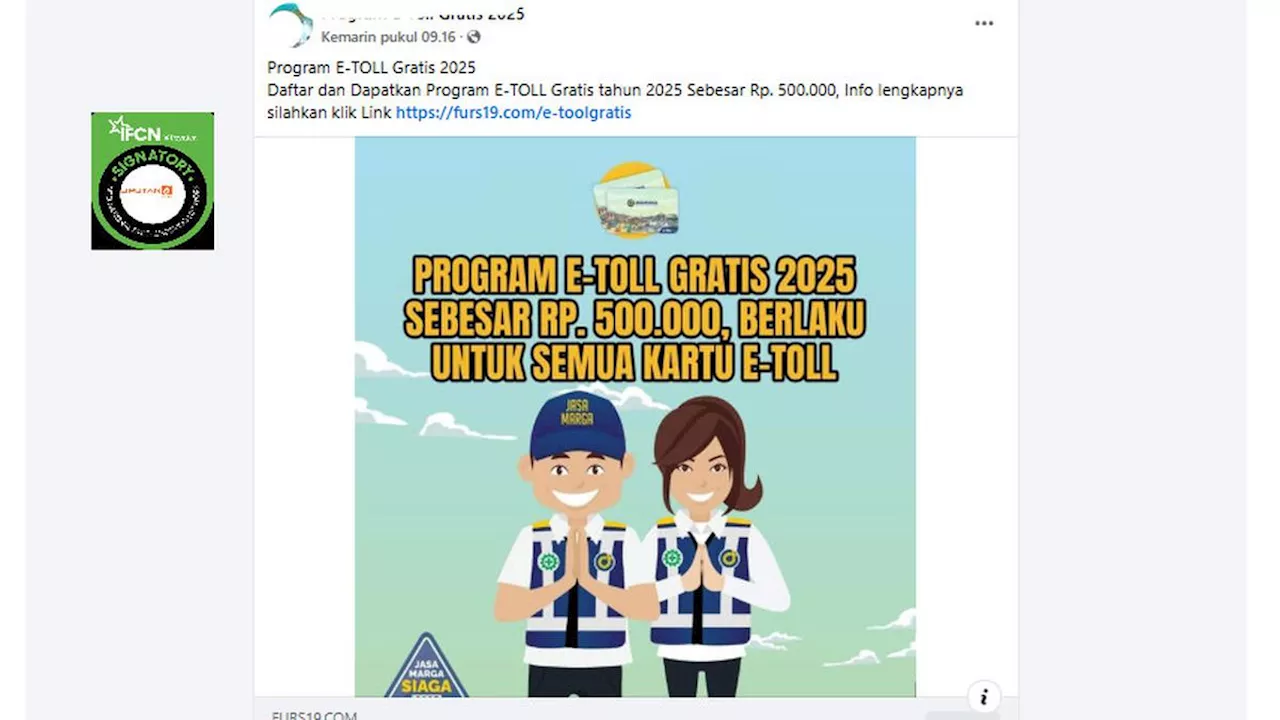 Cek Fakta: Tidak Benar Pendaftaran Program E-Toll Gratis Sebesar Rp 500 Ribu