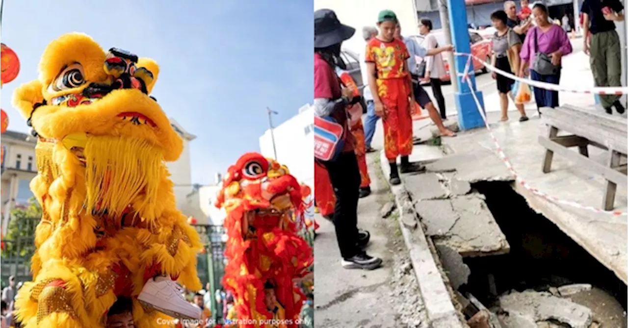 Lion Dance Performers Fall into Sinkhole During Chinese New Year Celebration