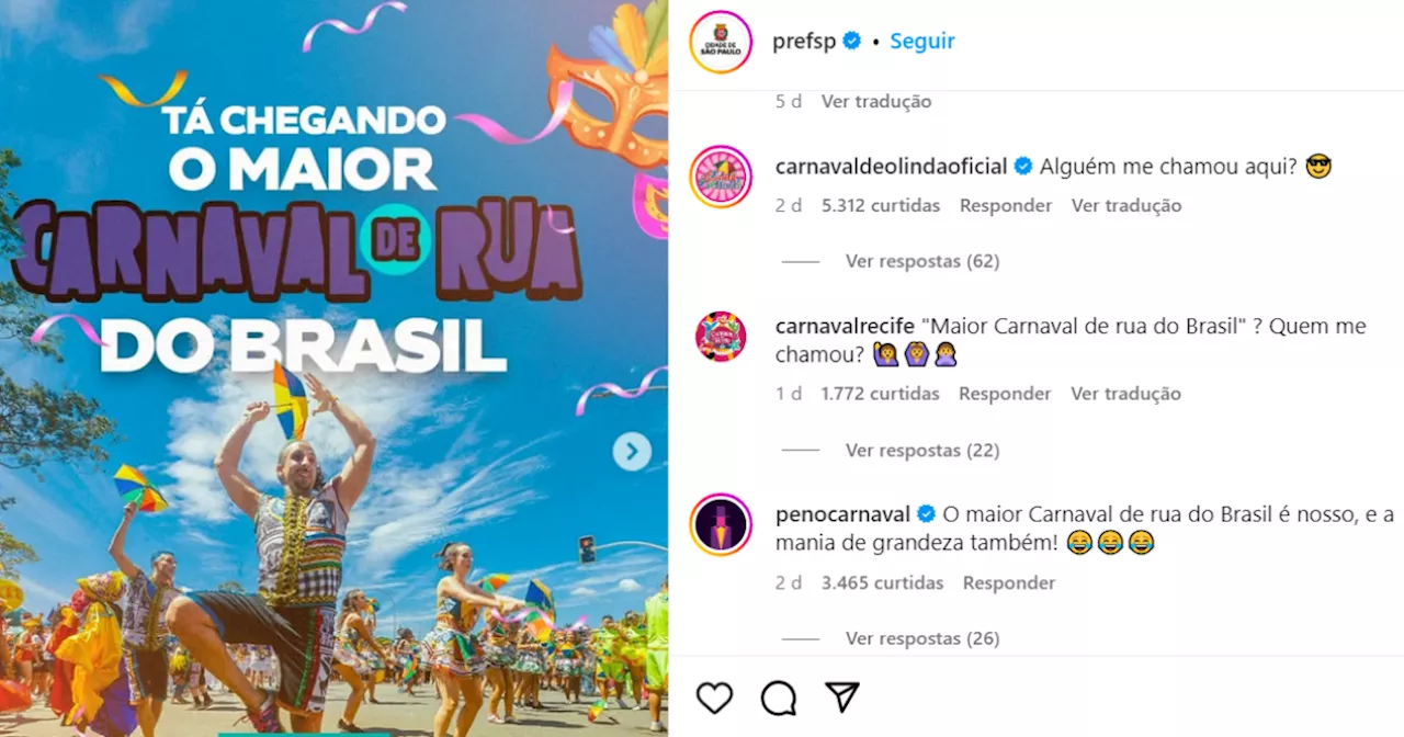 Prefeitura de SP causa polêmica ao declarar maior carnaval de rua e recebe zoeiras de outras capitais