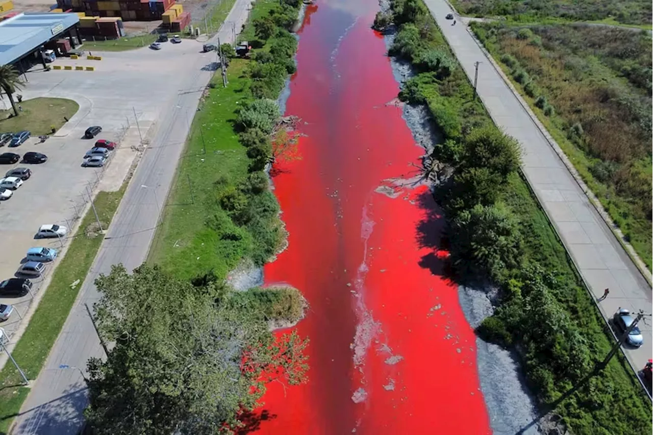 Alertan por arroyo que se tiñó de rojo en Argentina; autoridades apuntan a químico derramado de una fábrica textil