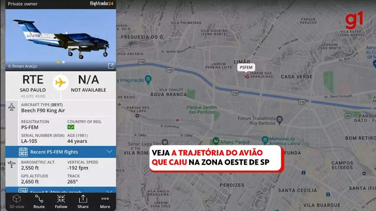 Trajetória do avião que caiu na Barra Funda é divulgada pelo Flight Radar 24