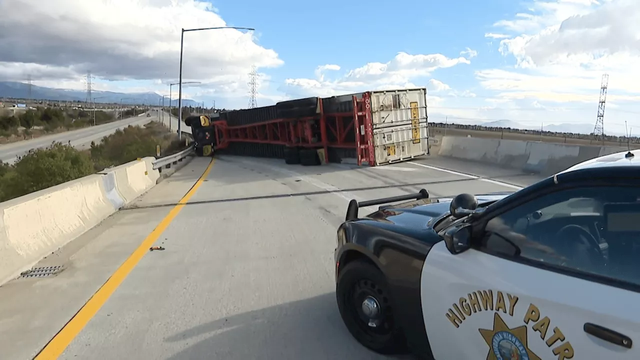 Tractor Trailer Overturns on 60 Freeway, Blocking Lanes and Causing Miles-Long Traffic Backup