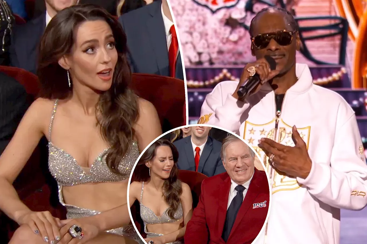 Jordon Hudson's jaw drops over Snoop Dogg's joke about her and Bill Belichick's 49-year age gap at NFL Honors