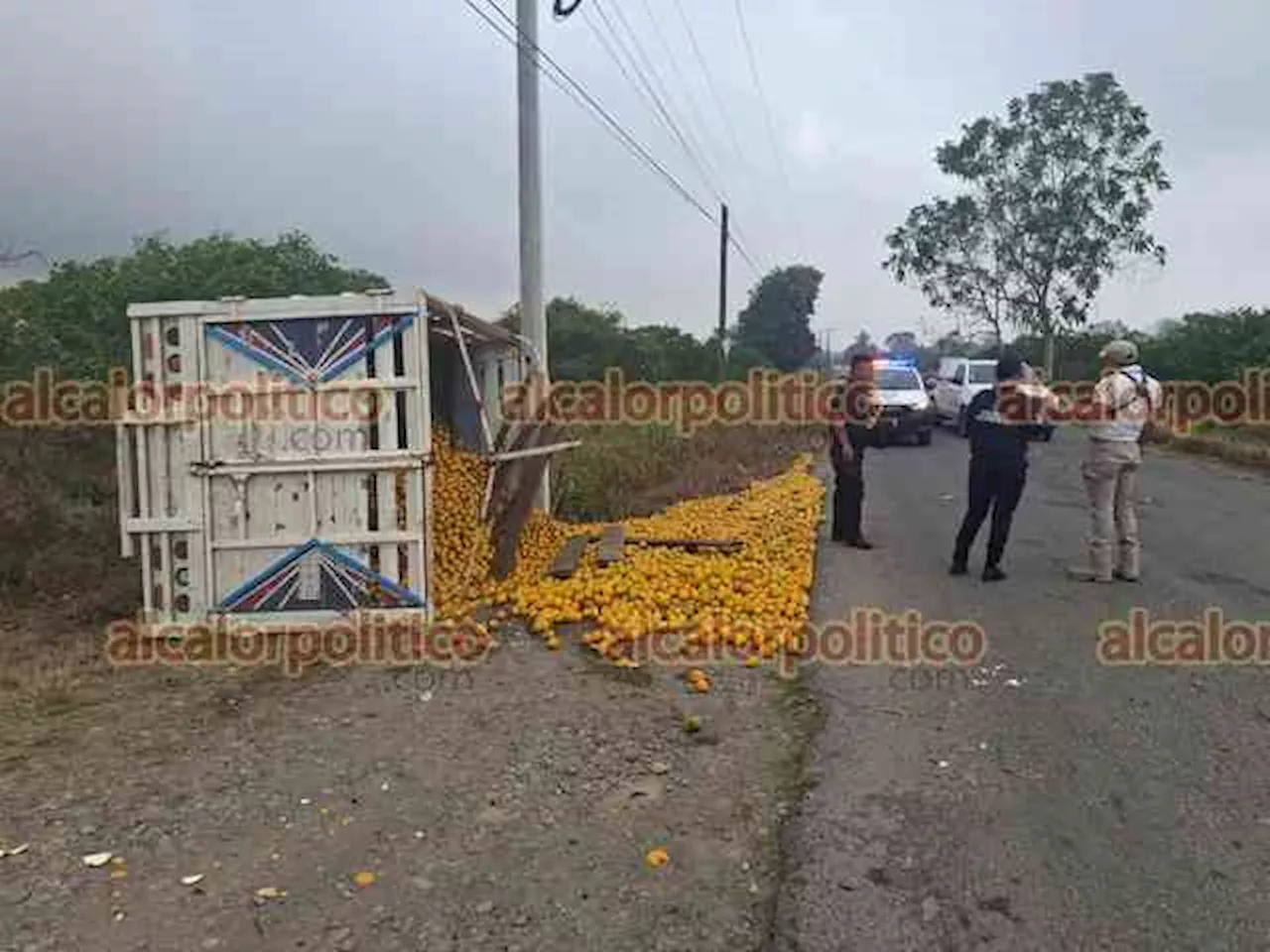 Camioneta que transportaba naranjas termina fuera del camino y volcada, en Álamo