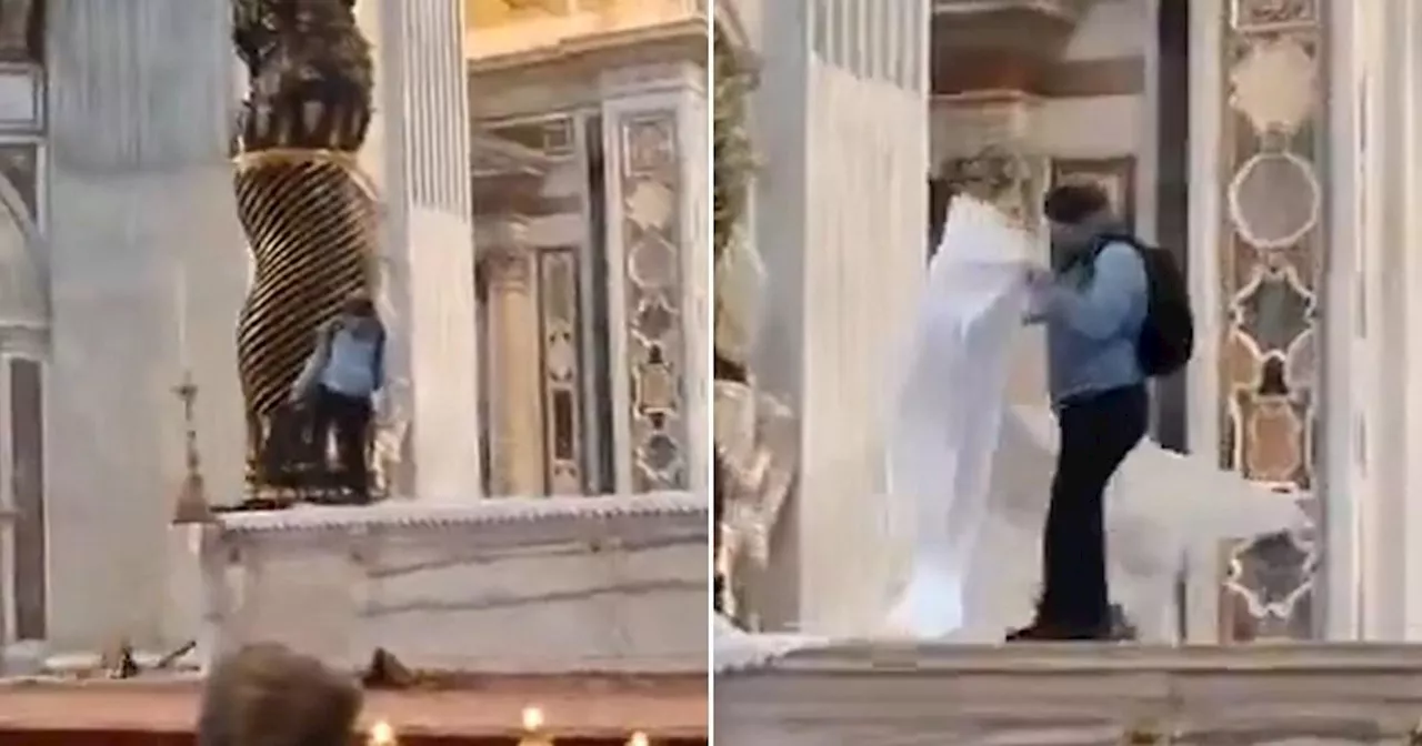 Vandal hurls candelabra and tries to rip off altar cloth at St Peter's Basilica