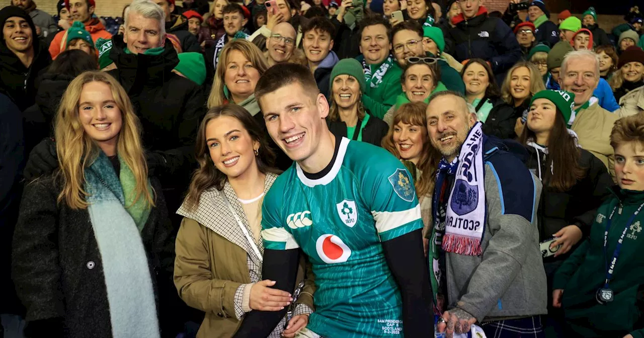 Rugby ace Sam Prendergast celebrates with girlfriend after Six Nations win