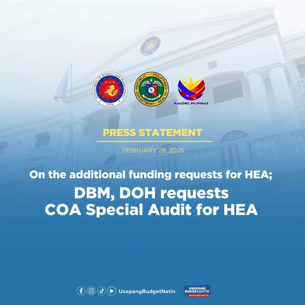 Additional funding requests: DBM, DOH request COA special audit for HEA