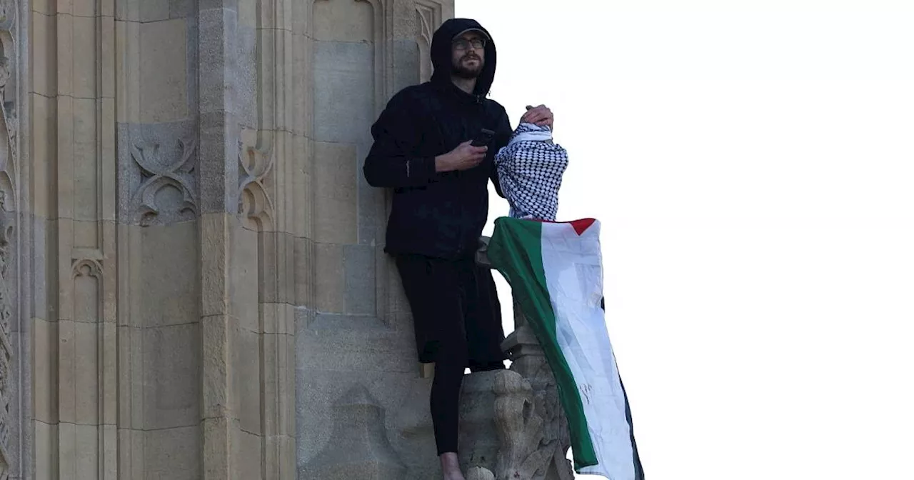 Man climbs London's Big Ben tower waving Palestinian flag