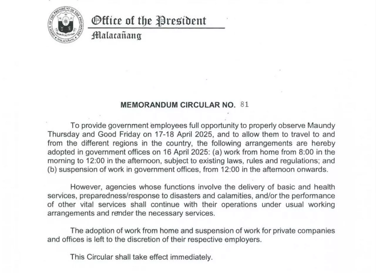 Malacañang OKs half-day work on Holy Wednesday