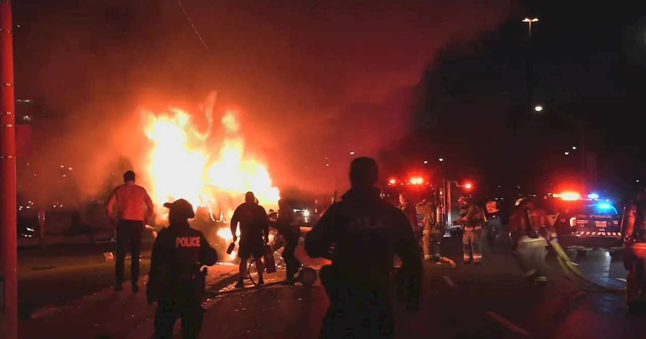 Driver dead after fiery crash into Scarborough hydro pole, stretch of Eglinton Avenue remains closed