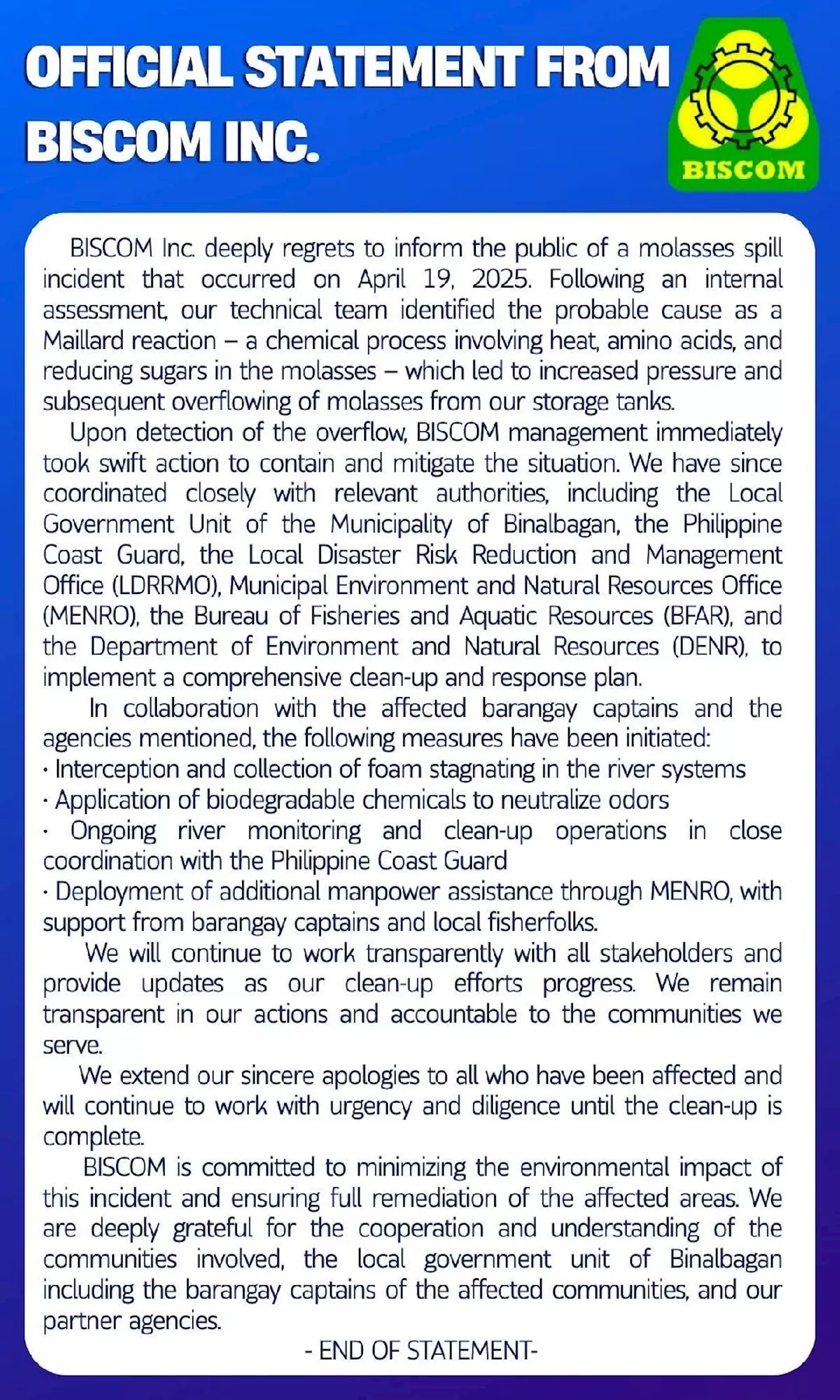DENR orders firm to halt molasses discharge going to Binalbagan River