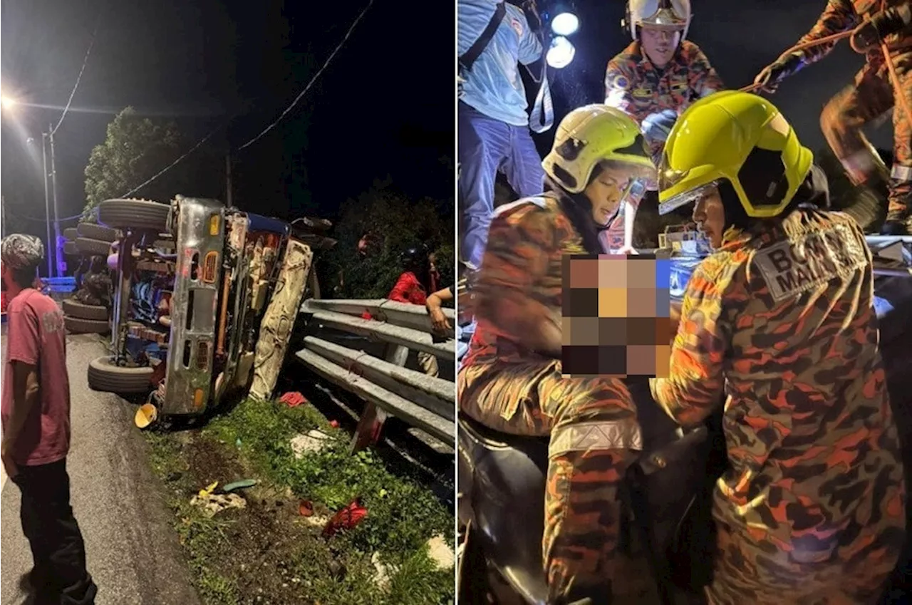 Driver killed as lorry carrying tar skids and overturns on steep bend in Balik Pulau
