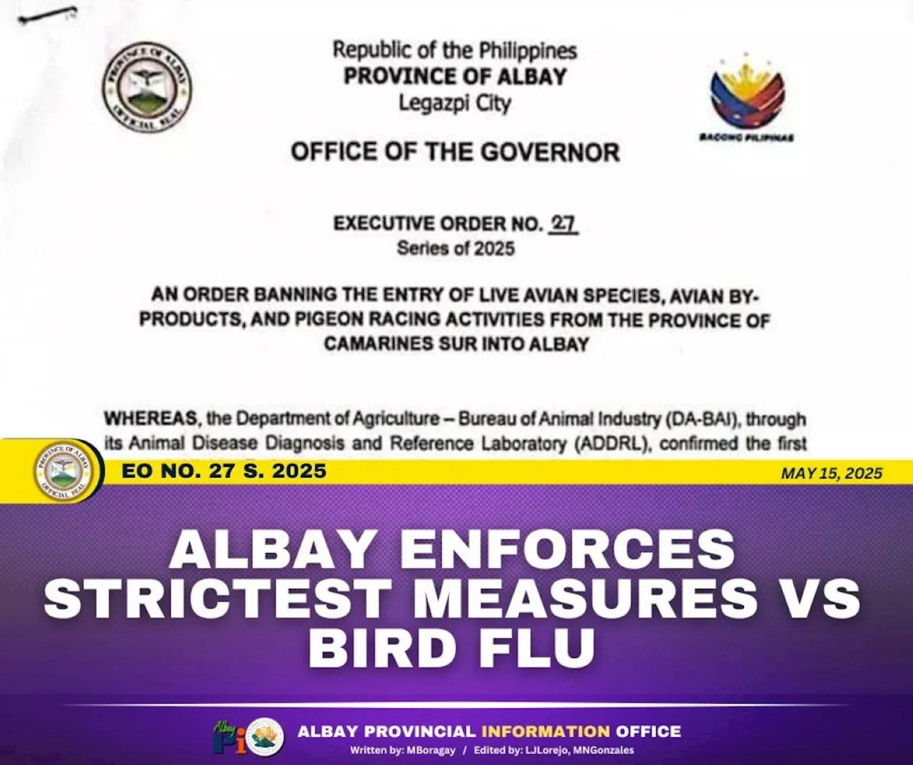 Albay bans entry of live poultry, by-products from Camarines Sur