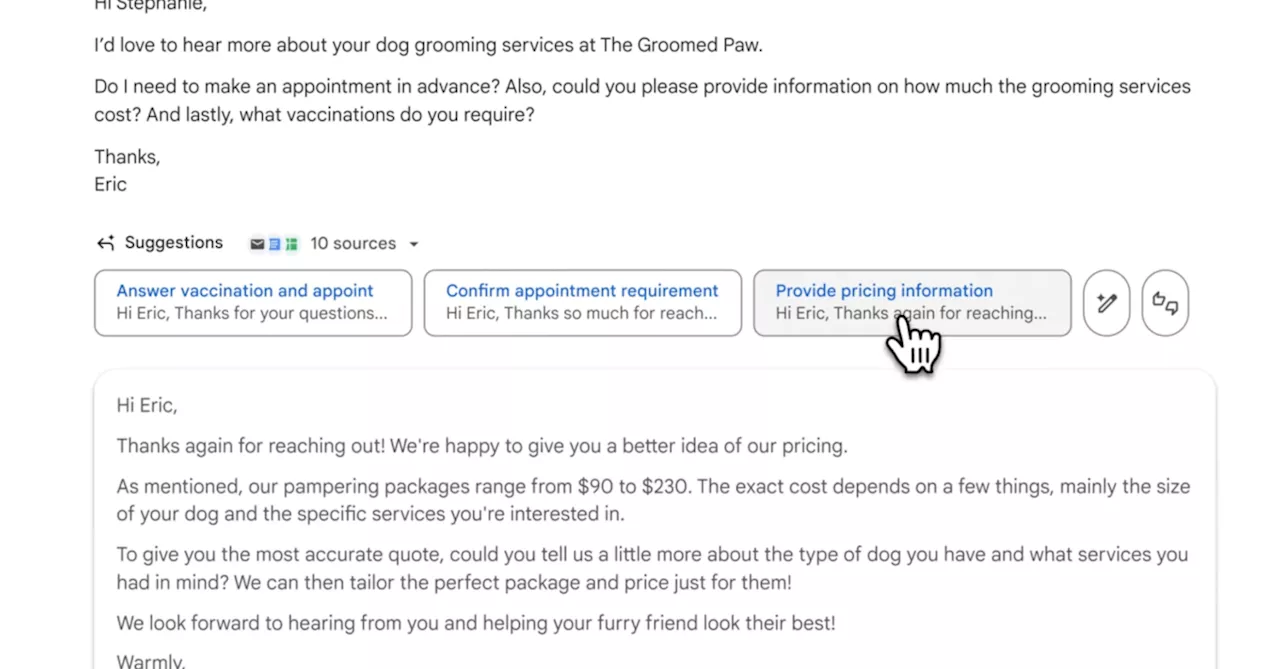 Gmail’s smart replies will use AI to pull context from your inbox and Drive