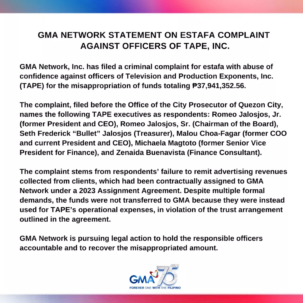 GMA files estafa complaint against TAPE execs