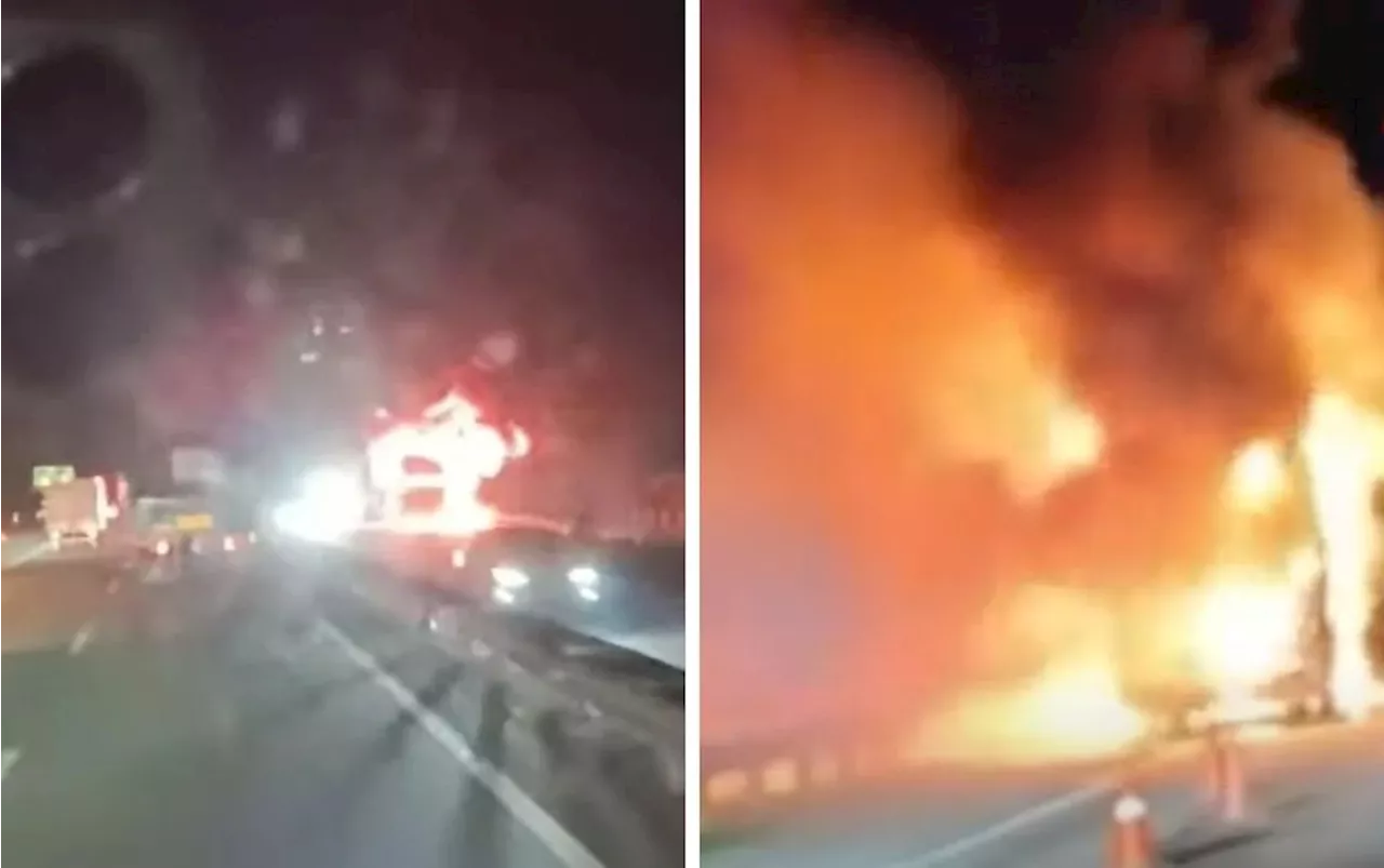 Express bus catches fire after collision with motorcycle on NSE near Kamunting, all 28 passengers escape unhurt, motorcyclist injured
