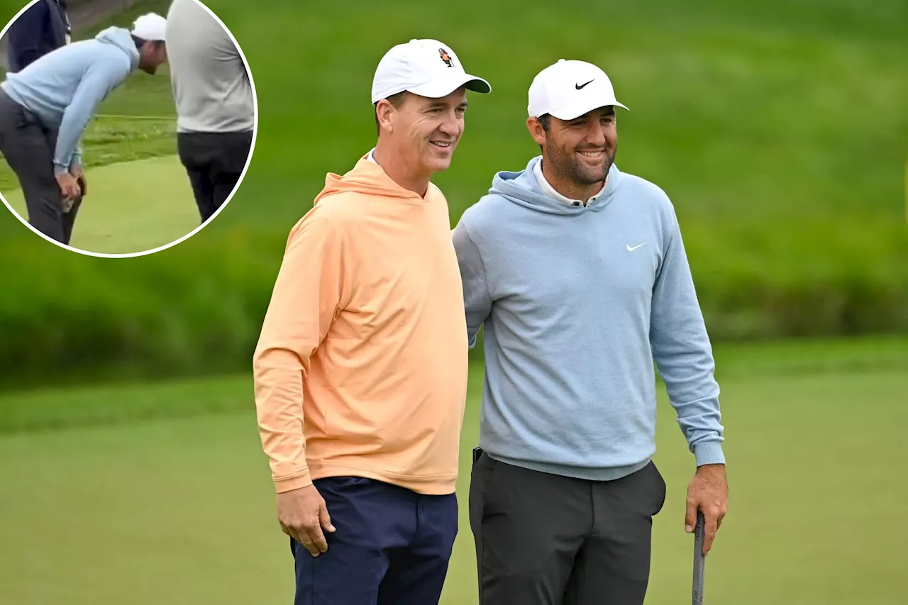 Scottie Scheffler couldn't contain himself after Peyton Manning's tee shot struck house