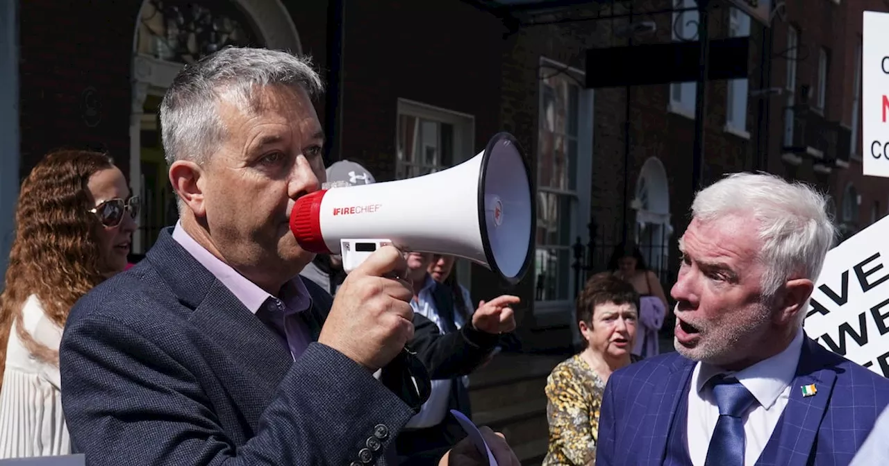 Councillors Gavin Pepper and Malachy Steenson shout down TD during protest against Citywest Hotel sale