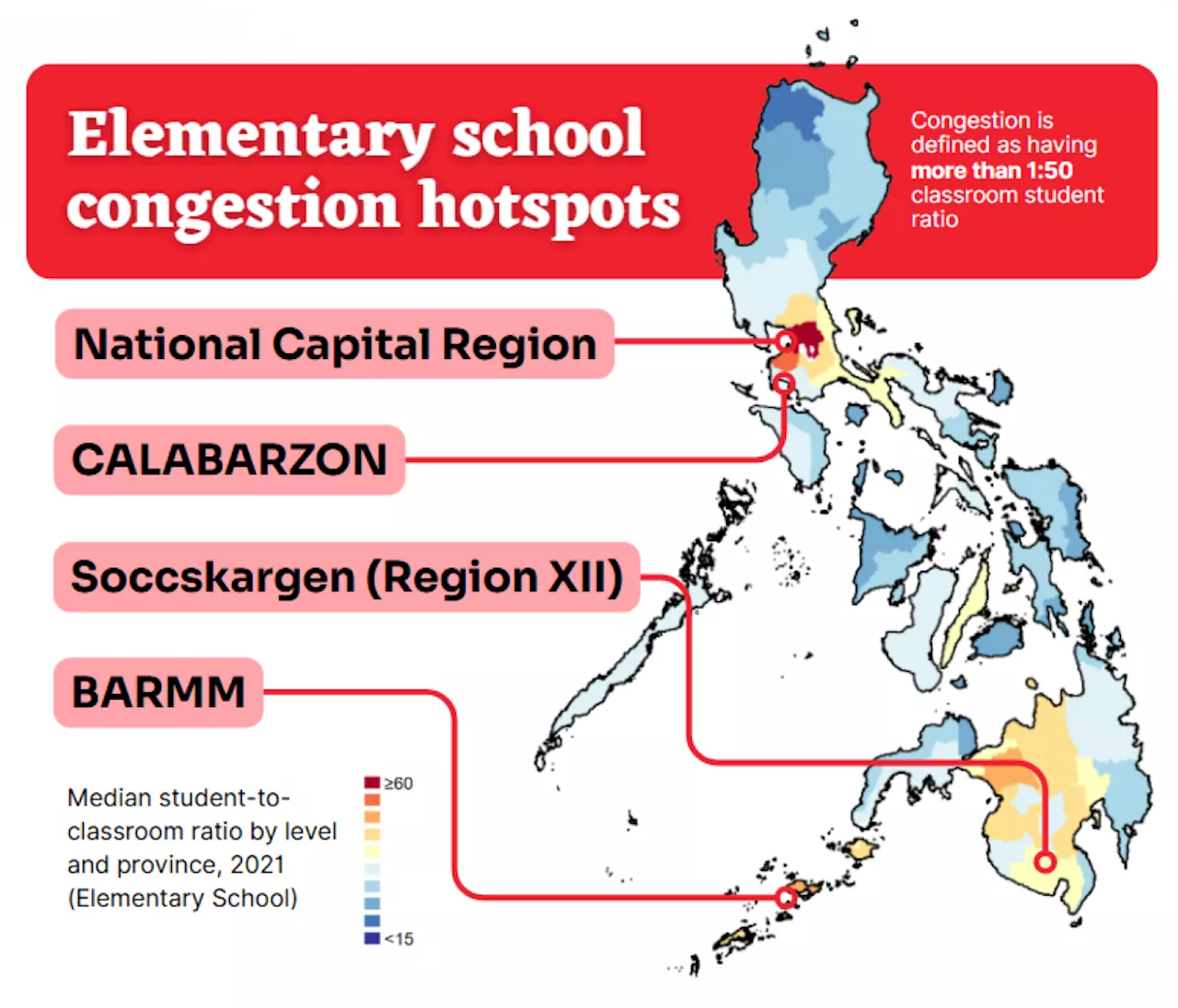 Severe congestion in elementary schools in NCR, Calabarzon, Region 12, Barmm