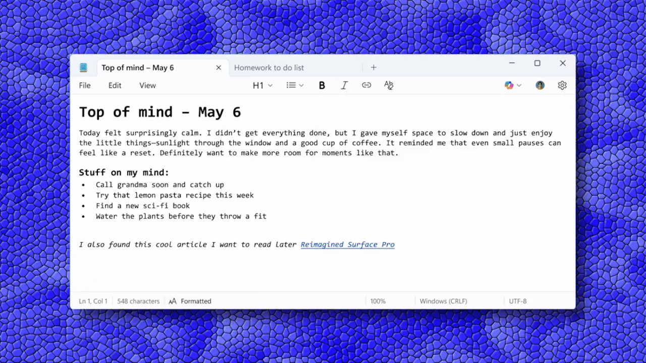 Notepad: Vorschau zeigt Textformatierung und Markdown-Unterstützung