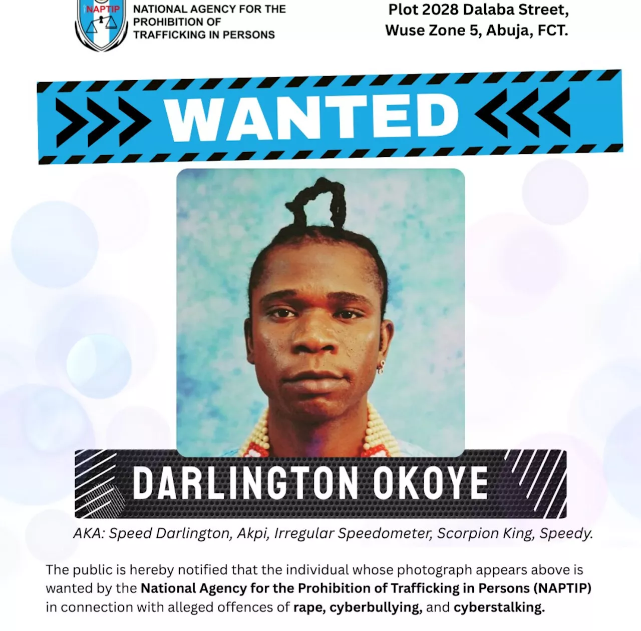 Alleged Rape: NAPTIP declares Speed Darlington wanted