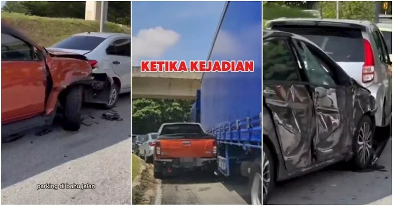 Multiple Cars Parked by the Road at LRT Glenmarie Severely Damaged After Being Hit by a Trailer
