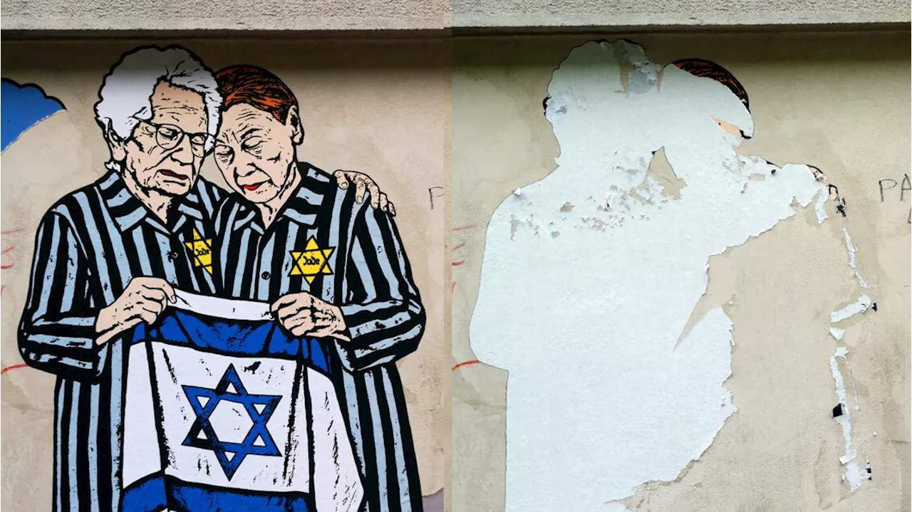 Segre e Bruck con la bandiera d'Israele in un murale, strappato dopo 2 ore
