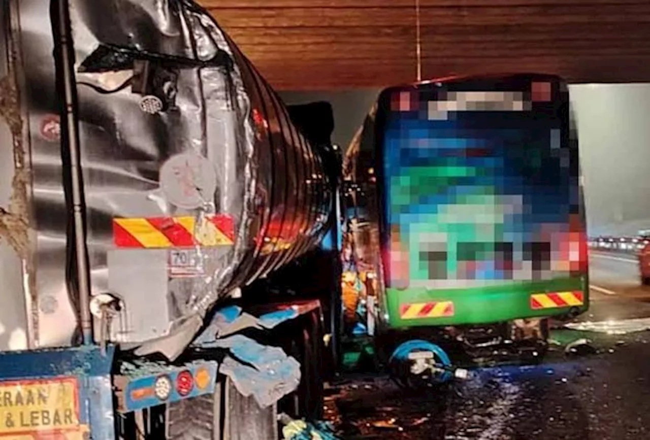Bus carrying 46 passengers crashed with two lorries, leaving two dead, 16 injured
